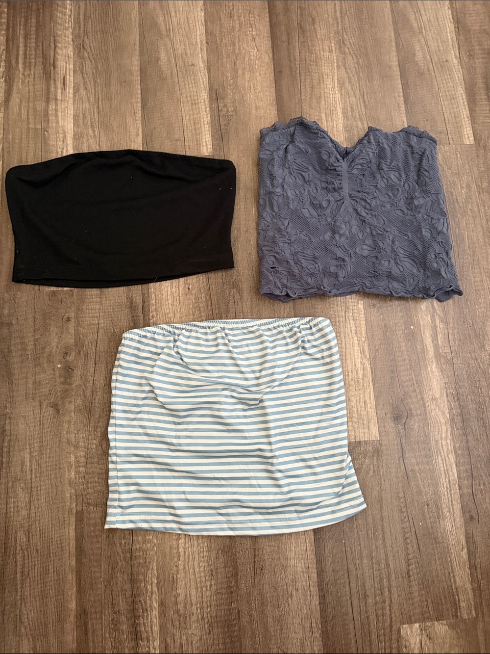 Black, blue, and stripped tube tops